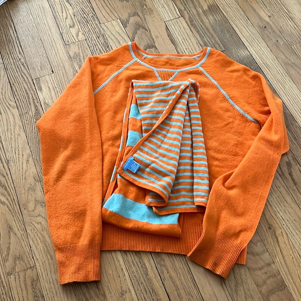 WHITE + WARREN set of 2 - striped scarf and sweater Womens M in orange/blue.